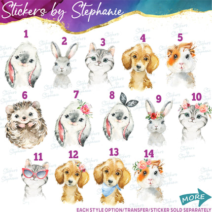 (s02A-230) Baby Pets Bunny Cat Dog Watercolor Graphic Iron-On Transfer or Sticker