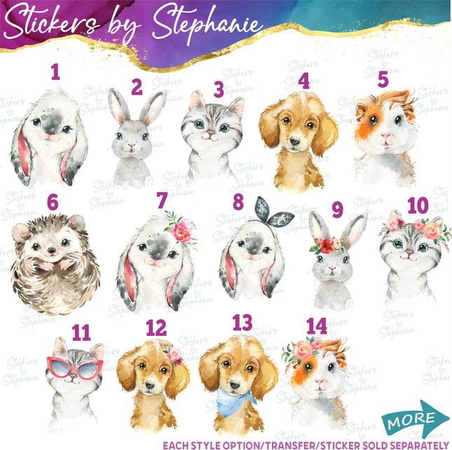(s02A-230) Baby Pets Bunny Cat Dog Watercolor Graphic Iron-On Transfer or Sticker