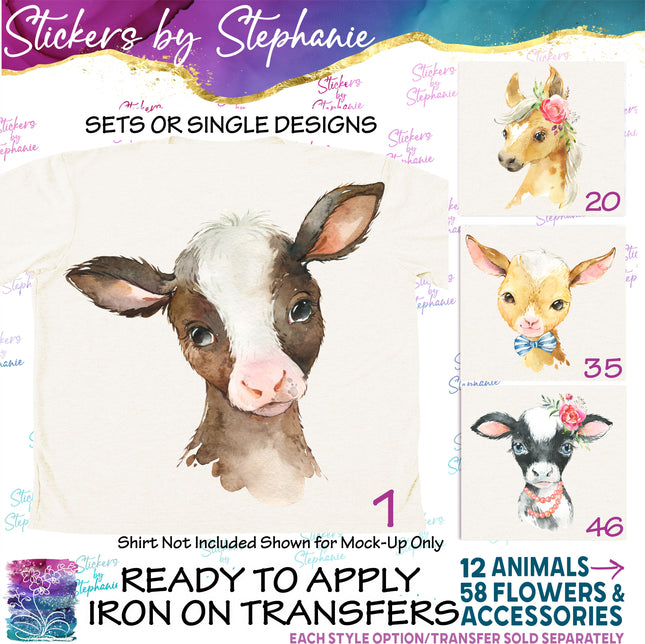 (s02A-231) Baby Farm Animals Horse Cow Goat Watercolor Graphic Iron-On Transfer or Sticker
