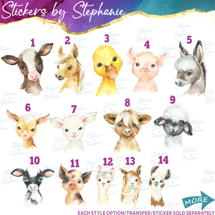 (s02A-231) Baby Farm Animals Horse Cow Goat Watercolor Graphic Iron-On Transfer or Sticker