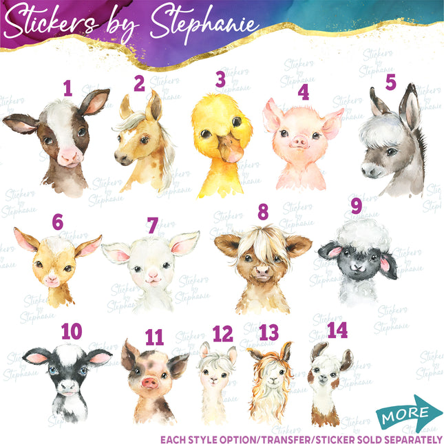 (s02A-231) Baby Farm Animals Horse Cow Goat Watercolor Graphic Iron-On Transfer or Sticker