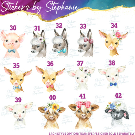 (s02A-231) Baby Farm Animals Horse Cow Goat Watercolor Graphic Iron-On Transfer or Sticker