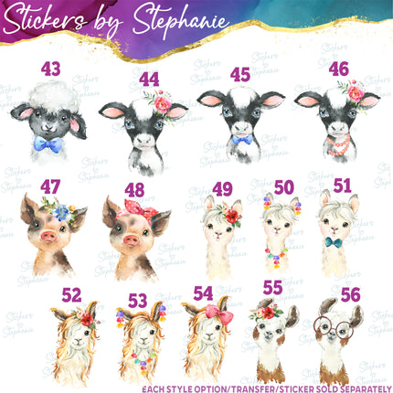 (s02A-231) Baby Farm Animals Horse Cow Goat Watercolor Graphic Iron-On Transfer or Sticker