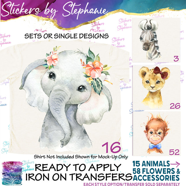 (s02A-232) Baby Safari Animals Elephant Zebra Lion Watercolor Graphic Iron-On Transfer or Sticker