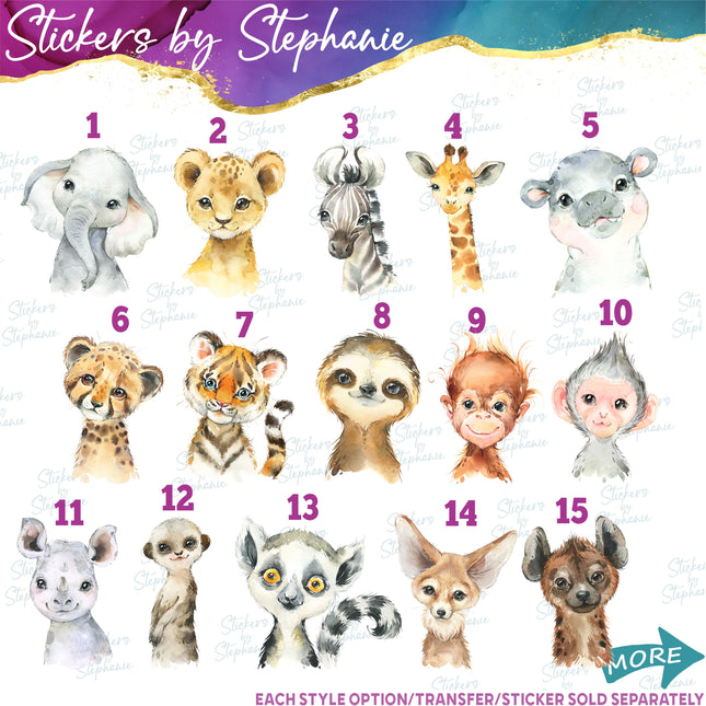 (s02A-232) Baby Safari Animals Elephant Zebra Lion Watercolor Graphic Iron-On Transfer or Sticker
