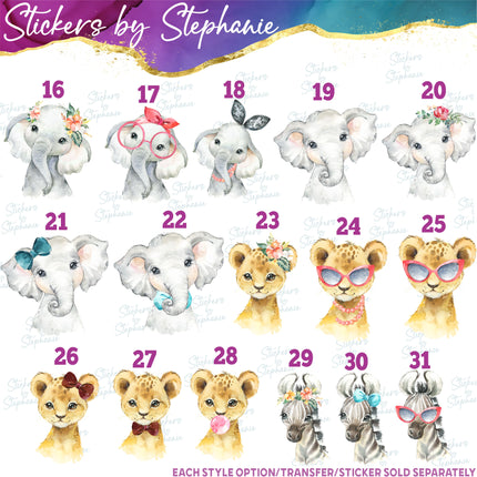 (s02A-232) Baby Safari Animals Elephant Zebra Lion Watercolor Graphic Iron-On Transfer or Sticker