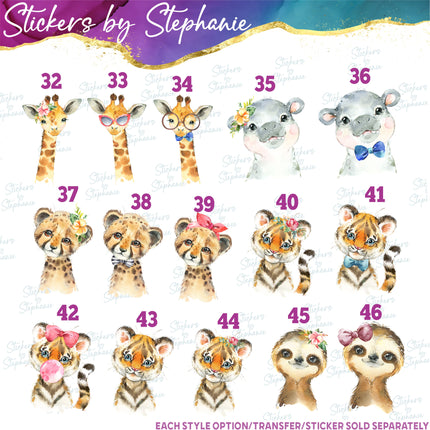 (s02A-232) Baby Safari Animals Elephant Zebra Lion Watercolor Graphic Iron-On Transfer or Sticker