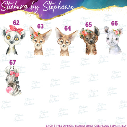 (s02A-232) Baby Safari Animals Elephant Zebra Lion Watercolor Graphic Iron-On Transfer or Sticker