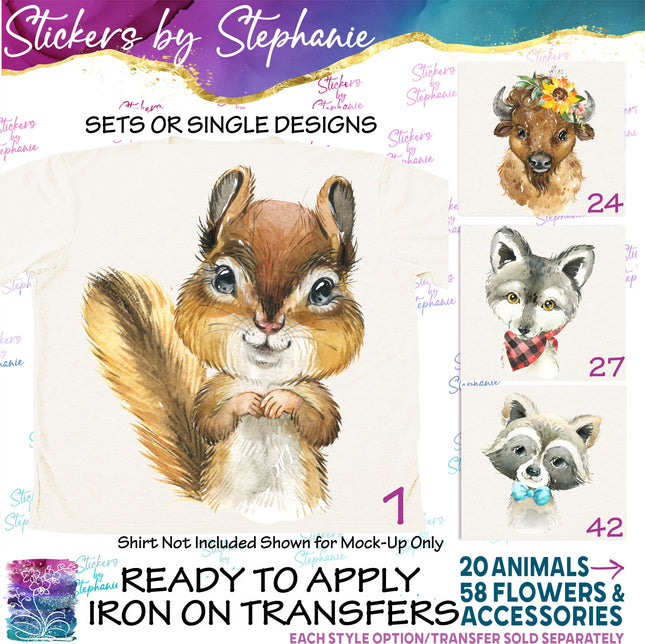 (s02A-233) Baby Forest Woodland Animals Wolf Buffalo Bear Deer Watercolor Graphic Iron-On Transfer or Sticker