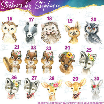 (s02A-233) Baby Forest Woodland Animals Wolf Buffalo Bear Deer Watercolor Graphic Iron-On Transfer or Sticker