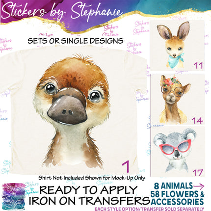 (s02A-234) Baby Australian Animals Koala Kangaroo Platypus Watercolor Graphic Iron-On Transfer or Sticker