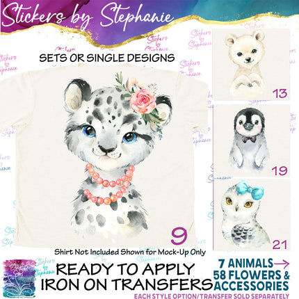 (s02A-235) Baby Arctic Animals Snow Leopard Penguin Seal Watercolor Graphic Iron-On Transfer or Sticker