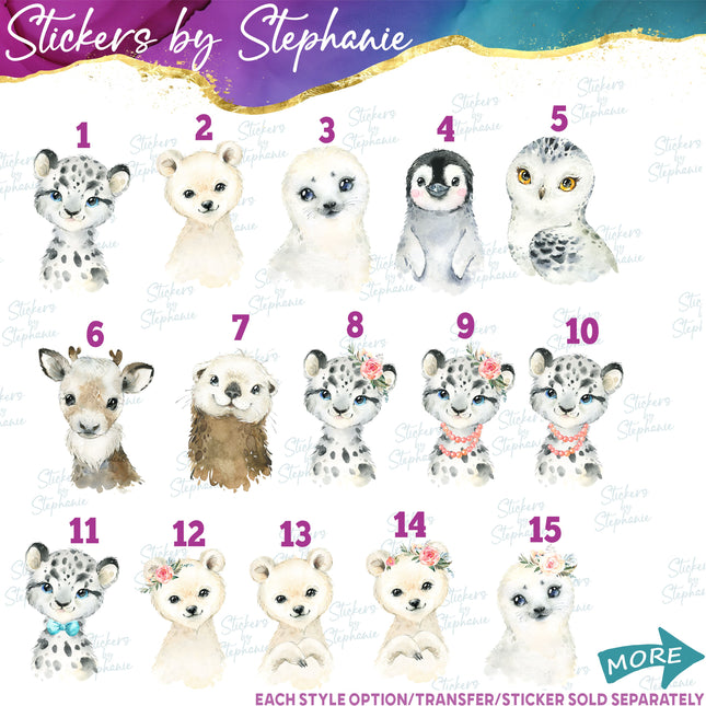 (s02A-235) Baby Arctic Animals Snow Leopard Penguin Seal Watercolor Graphic Iron-On Transfer or Sticker