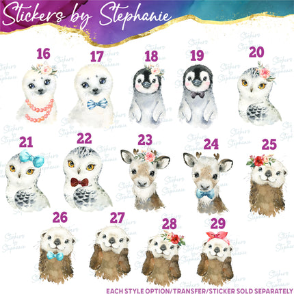 (s02A-235) Baby Arctic Animals Snow Leopard Penguin Seal Watercolor Graphic Iron-On Transfer or Sticker