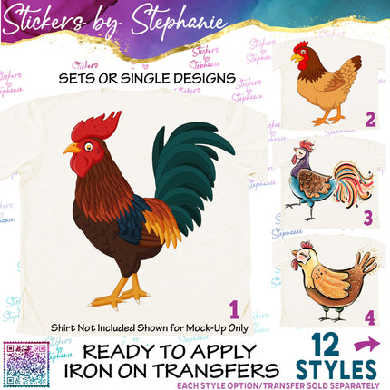 (s02A-336) Chicken Hen Rooster Illustrated Graphic Iron-On Transfer or Sticker