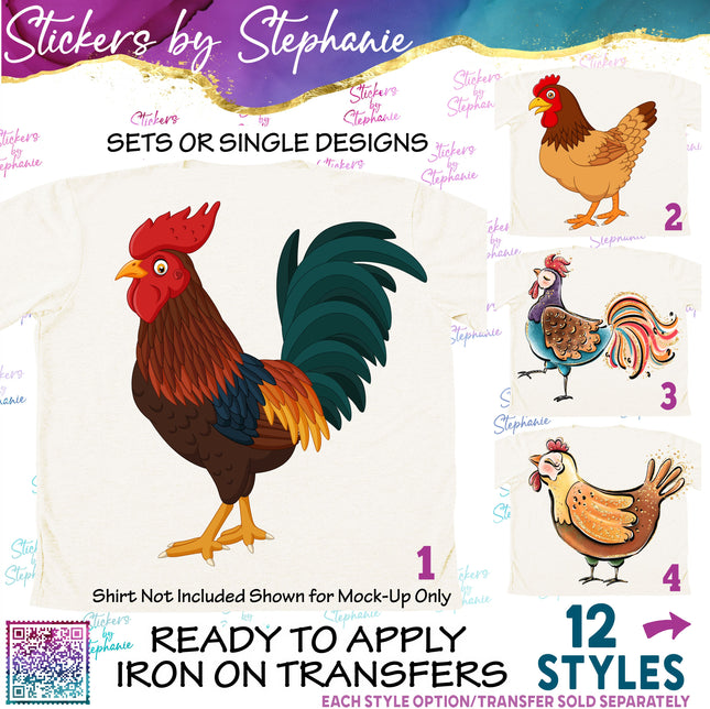 (s02A-336) Chicken Hen Rooster Illustrated Graphic Iron-On Transfer or Sticker