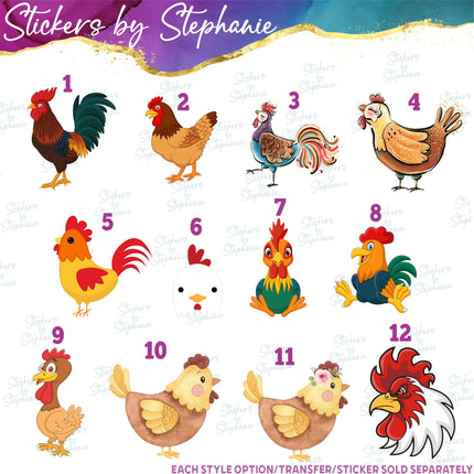 (s02A-336) Chicken Hen Rooster Illustrated Graphic Iron-On Transfer or Sticker