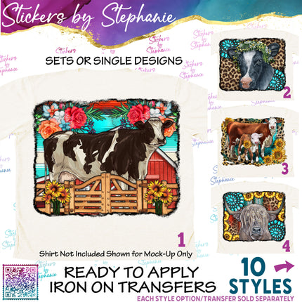 (s02A-237) Cow Sunflowers Turquoise Leopard Graphic Iron-On Transfer or Sticker