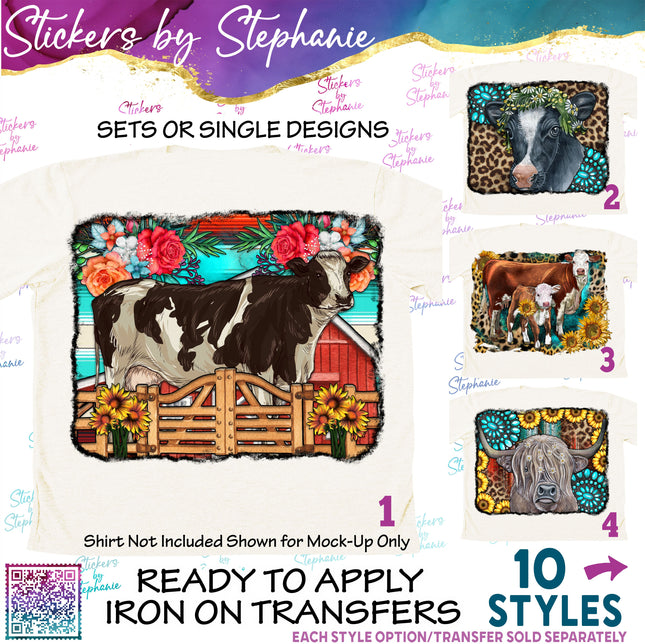 (s02A-237) Cow Sunflowers Turquoise Leopard Graphic Iron-On Transfer or Sticker