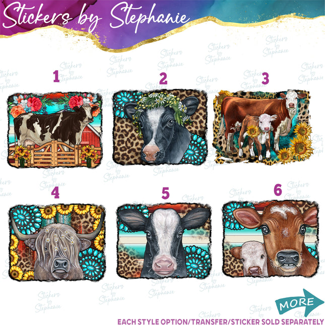 (s02A-237) Cow Sunflowers Turquoise Leopard Graphic Iron-On Transfer or Sticker