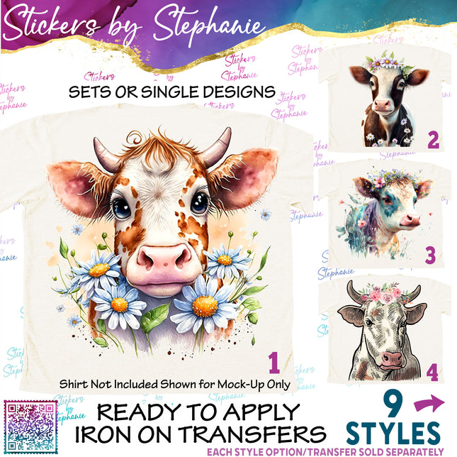 (s02A-238) Cow Head Flowers Watercolor Graphic Iron-On Transfer or Sticker