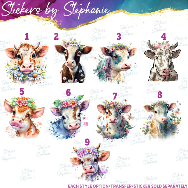 (s02A-238) Cow Head Flowers Watercolor Graphic Iron-On Transfer or Sticker