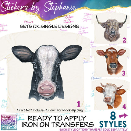 (s02A-239) Cow Head Watercolor Graphic Iron-On Transfer or Sticker