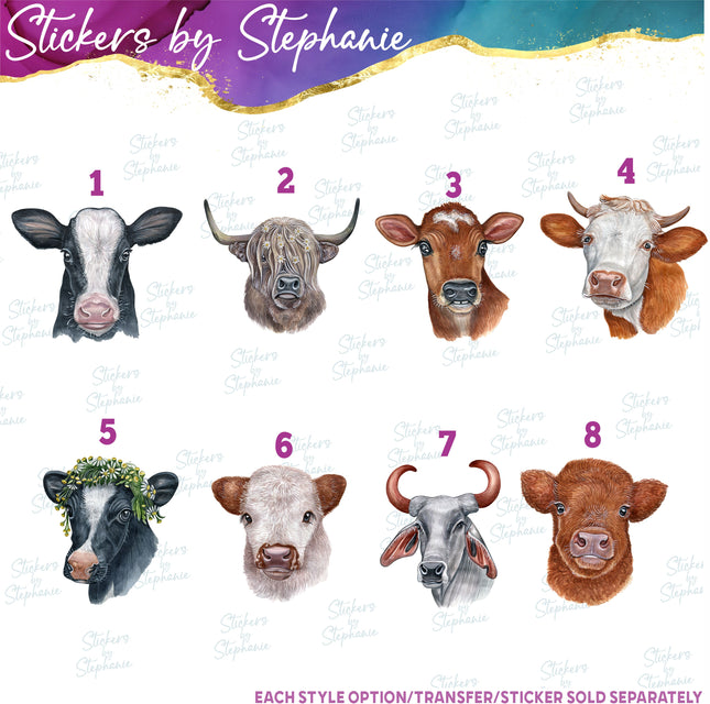 (s02A-239) Cow Head Watercolor Graphic Iron-On Transfer or Sticker