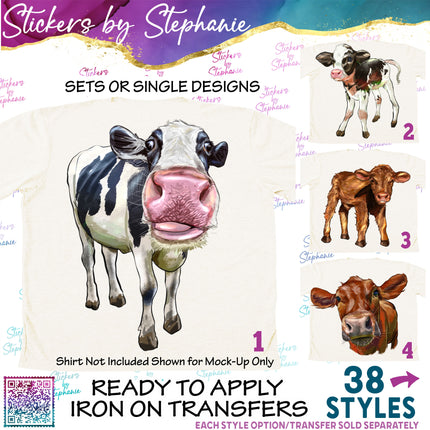 (s02A-240) Cow Head Illustrated Graphic Iron-On Transfer or Sticker
