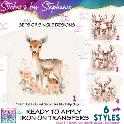 (s02A-243) Mama Baby Deer Family Flowers Graphic Iron-On Transfer or Sticker