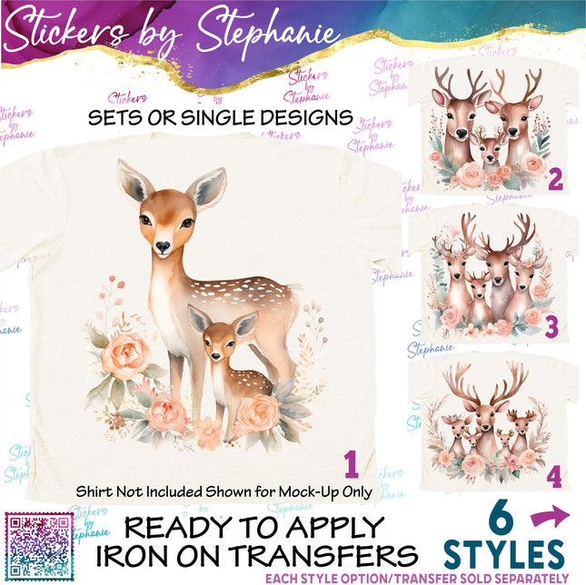 (s02A-243) Mama Baby Deer Family Flowers Graphic Iron-On Transfer or Sticker