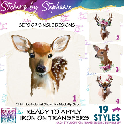 (s02A-244) Watercolor Deer Buck Doe Fawn Flowers Graphic Iron-On Transfer or Sticker