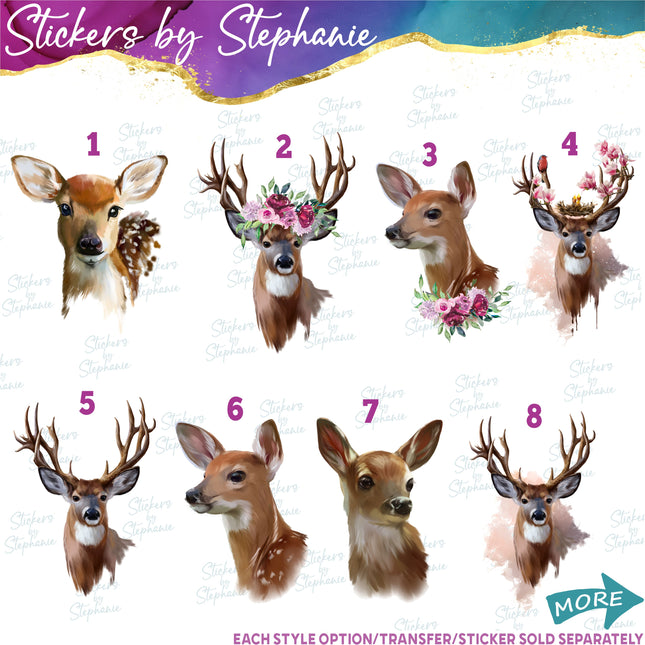 (s02A-244) Watercolor Deer Buck Doe Fawn Flowers Graphic Iron-On Transfer or Sticker