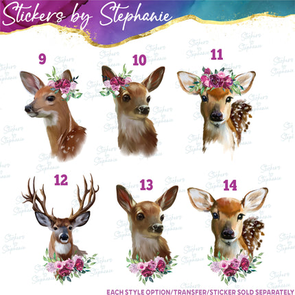 (s02A-244) Watercolor Deer Buck Doe Fawn Flowers Graphic Iron-On Transfer or Sticker