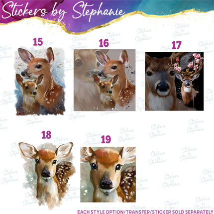 (s02A-244) Watercolor Deer Buck Doe Fawn Flowers Graphic Iron-On Transfer or Sticker