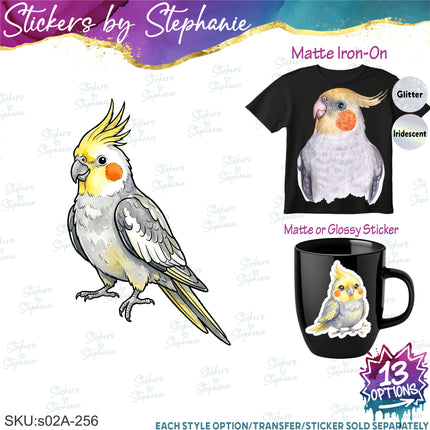 (s02A-256) Cockatiel Illustrated Graphic Iron-On Transfer or Sticker