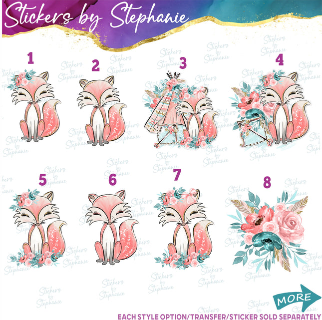 (s02A-259) Boho Fox Flowers Teepee Graphic Iron-On Transfer or Sticker