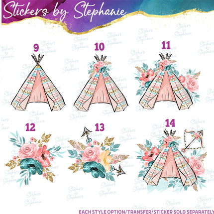 (s02A-259) Boho Fox Flowers Teepee Graphic Iron-On Transfer or Sticker