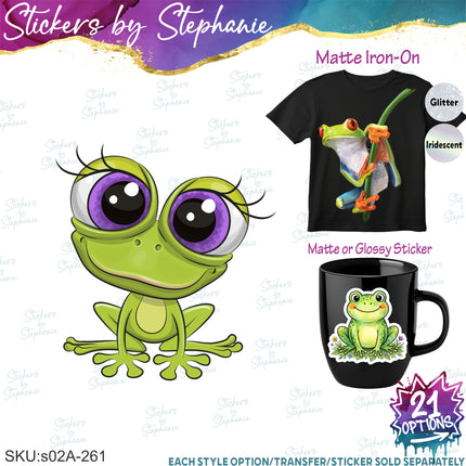 (s02A-261) Frog Cartoon Illustrated Graphic Iron-On Transfer or Sticker