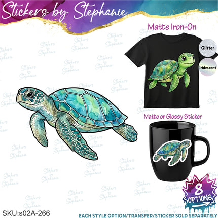 (s02A-266) Sea Turtle Illustrated Graphic Iron-On Transfer or Sticker