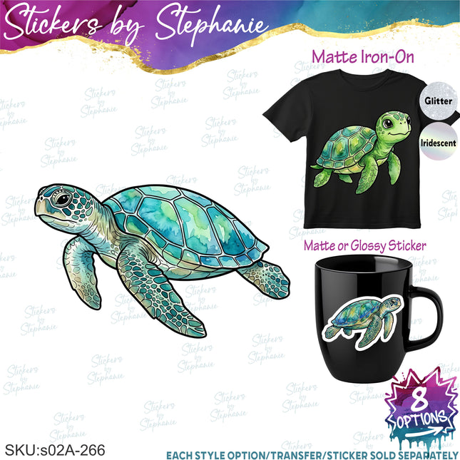(s02A-266) Sea Turtle Illustrated Graphic Iron-On Transfer or Sticker