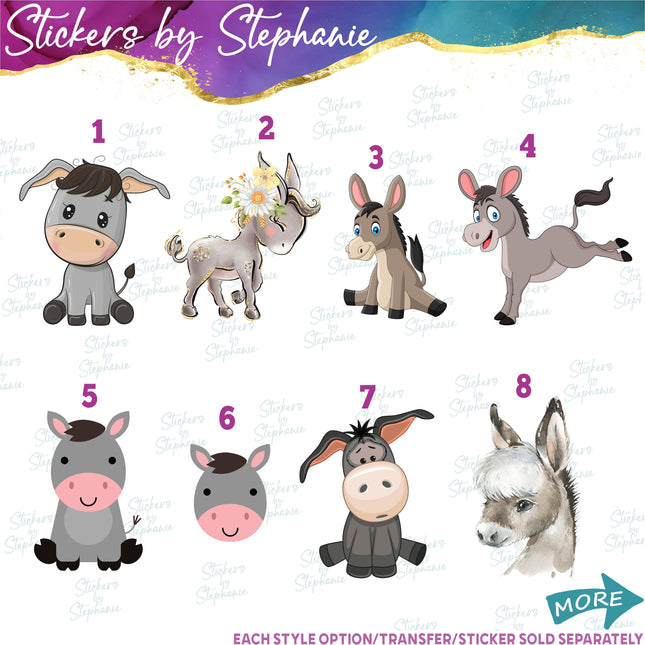 (s02A-270) Donkey Illustrated Graphic Iron-On Transfer or Sticker