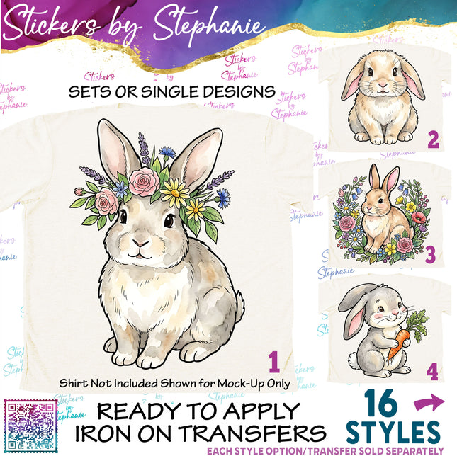 (s02A-278) Bunny Rabbit Flowers Illustrated Graphic Iron-On Transfer or Sticker