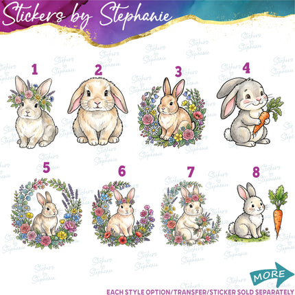 (s02A-278) Bunny Rabbit Flowers Illustrated Graphic Iron-On Transfer or Sticker
