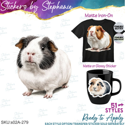 (s02A-279) Guinea Pig Illustrated Graphic Iron-On Transfer or Sticker
