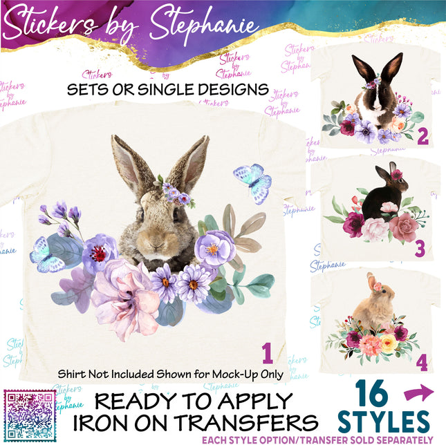 (s02A-280) Bunny Rabbit Flowers Watercolor Graphic Iron-On Transfer or Sticker