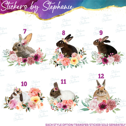 (s02A-280) Bunny Rabbit Flowers Watercolor Graphic Iron-On Transfer or Sticker