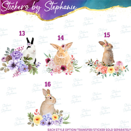 (s02A-280) Bunny Rabbit Flowers Watercolor Graphic Iron-On Transfer or Sticker