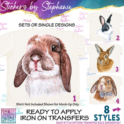 (s02A-281) Bunny Ears Head Watercolor Graphic Iron-On Transfer or Sticker
