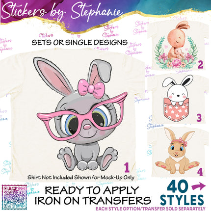 (s02A-282) Bunny Rabbit Cartoon Illustrated Graphic Iron-On Transfer or Sticker
